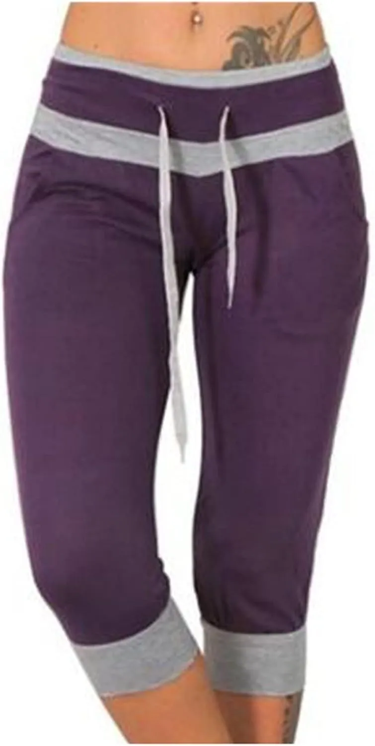 Capri Pants for Women Stretch Drawstring Low Rise Jogger Pants Comfy Soft Lounge Cropped Yoga Pants with Pockets