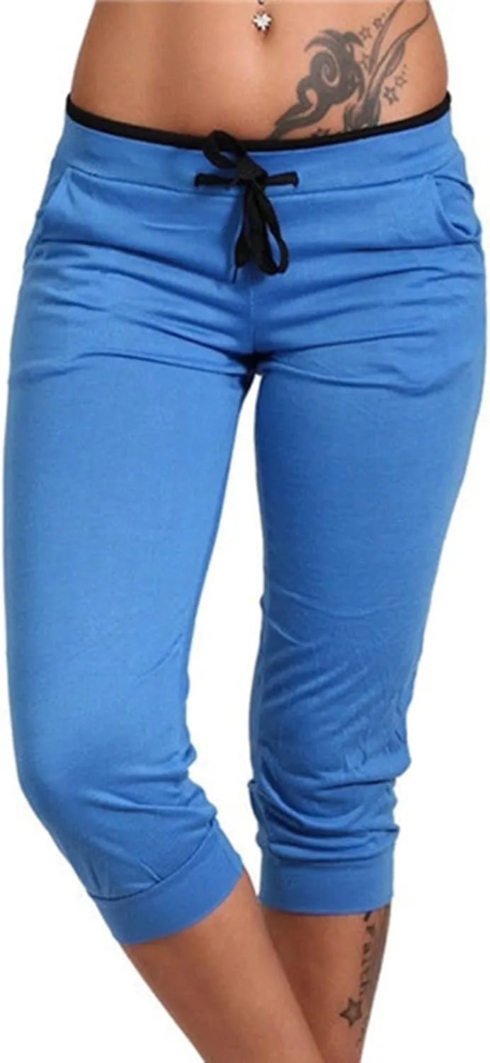 Capri Pants for Women Stretch Drawstring Low Rise Jogger Pants Comfy Soft Lounge Cropped Yoga Pants with Pockets