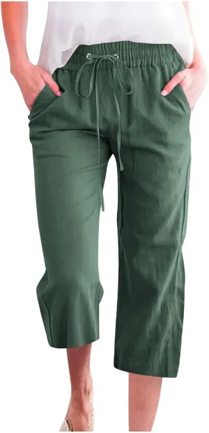 Capri Pants for Women Summer Casual Lounge Pants Cotton Linen Soft Drawstring Baggy Cropped Trousers with Pockets