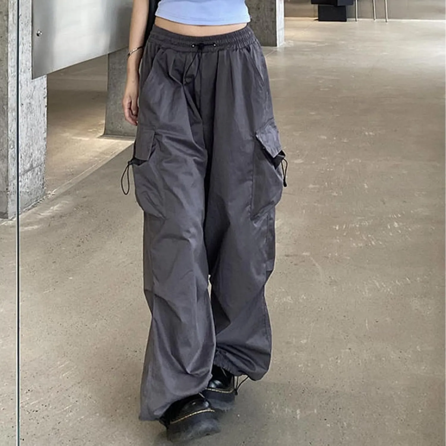 Cargo Pants Women Baggy Y2K High Waisted Plus Size Camo Parachute Track Pants Elastic Adjustable Hiking Joggers with Pockets