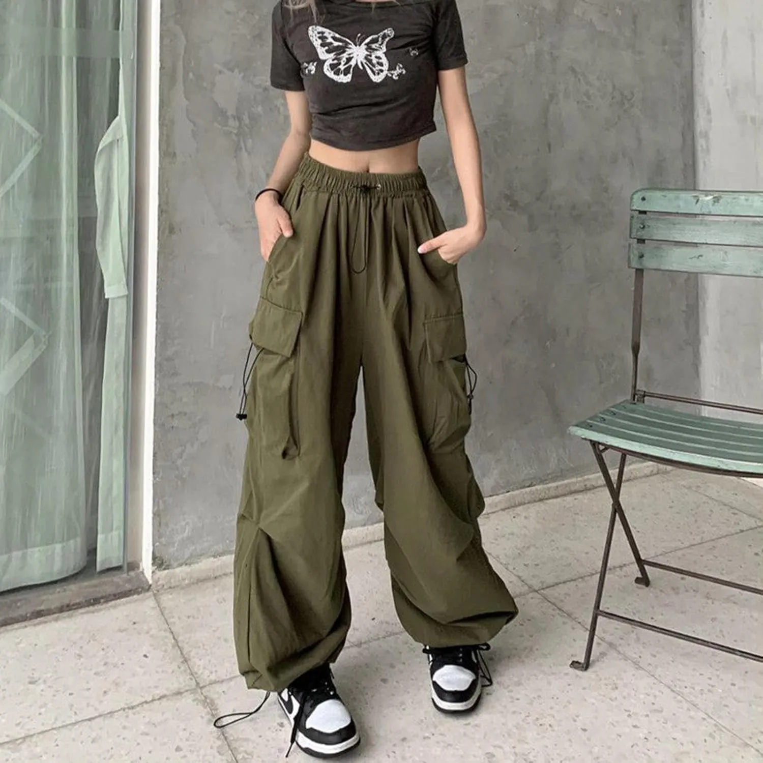 Cargo Pants Women Baggy Y2K High Waisted Plus Size Camo Parachute Track Pants Elastic Adjustable Hiking Joggers with Pockets