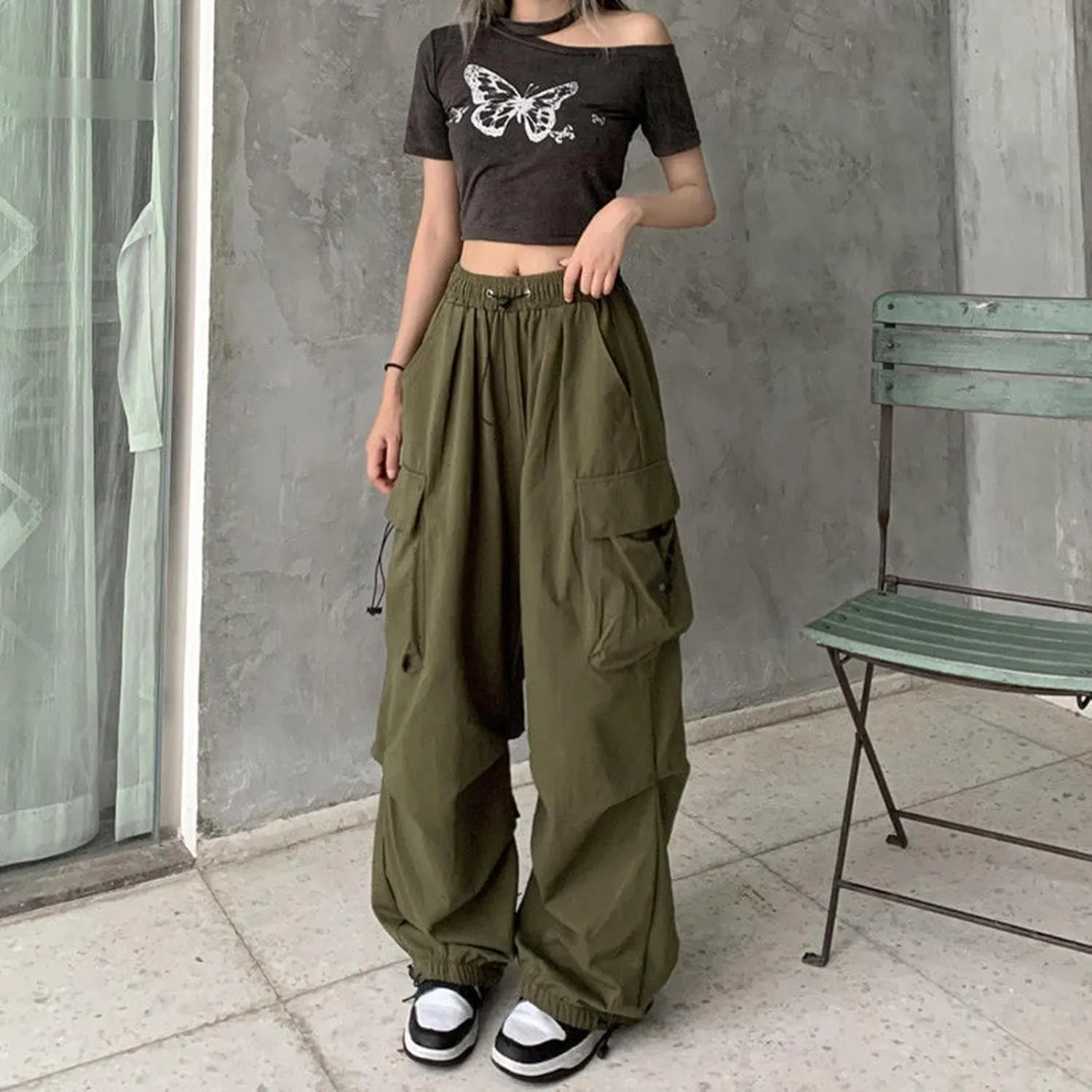 Cargo Pants Women Baggy Y2K High Waisted Plus Size Camo Parachute Track Pants Elastic Adjustable Hiking Joggers with Pockets