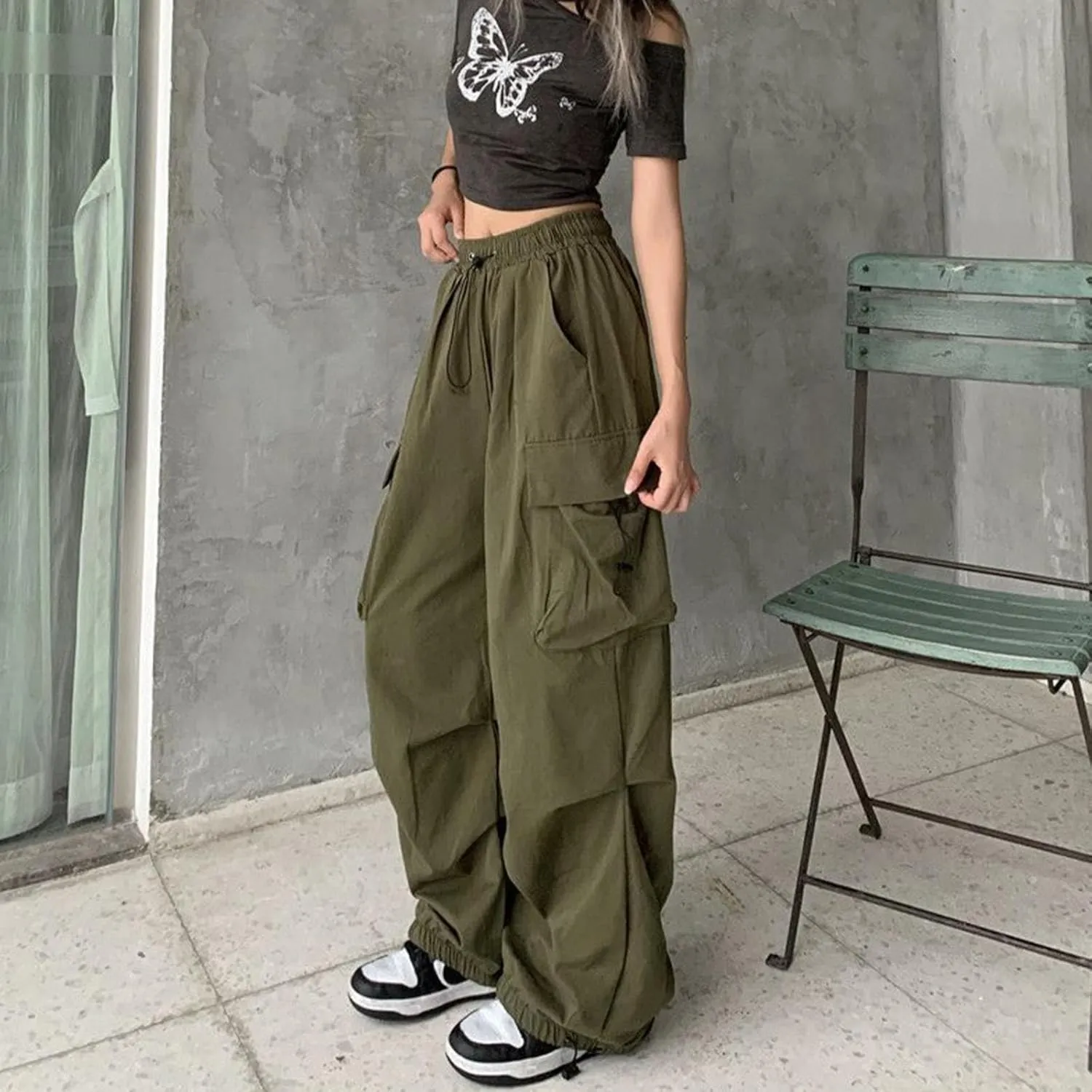 Cargo Pants Women Baggy Y2K High Waisted Plus Size Camo Parachute Track Pants Elastic Adjustable Hiking Joggers with Pockets
