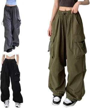 Cargo Pants Women Baggy Y2K High Waisted Plus Size Camo Parachute Track Pants Elastic Adjustable Hiking Joggers with Pockets