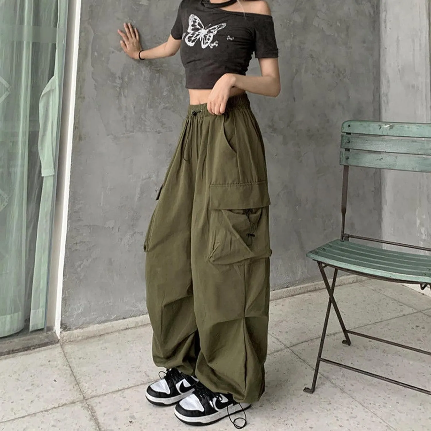 Cargo Pants Women Baggy Y2K High Waisted Plus Size Camo Parachute Track Pants Elastic Adjustable Hiking Joggers with Pockets