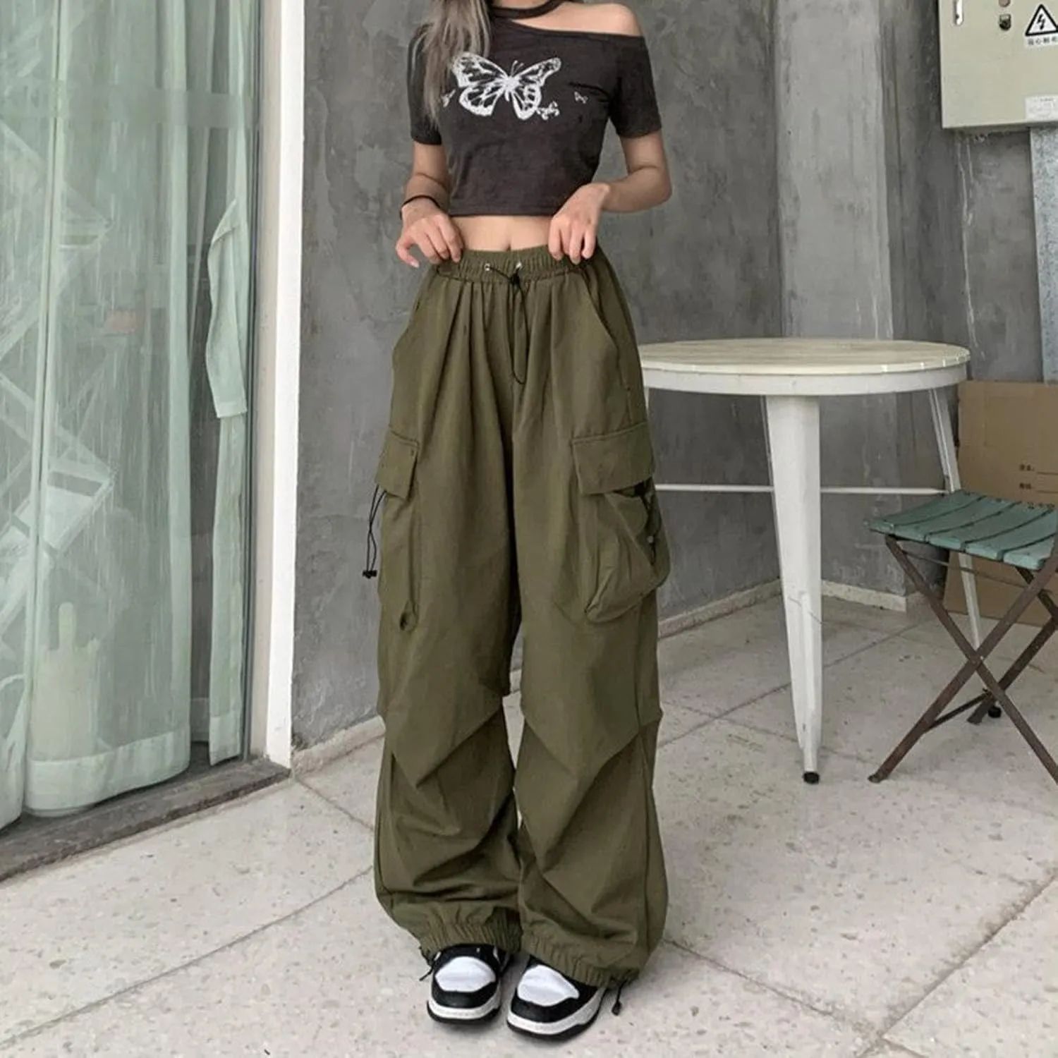 Cargo Pants Women Baggy Y2K High Waisted Plus Size Camo Parachute Track Pants Elastic Adjustable Hiking Joggers with Pockets