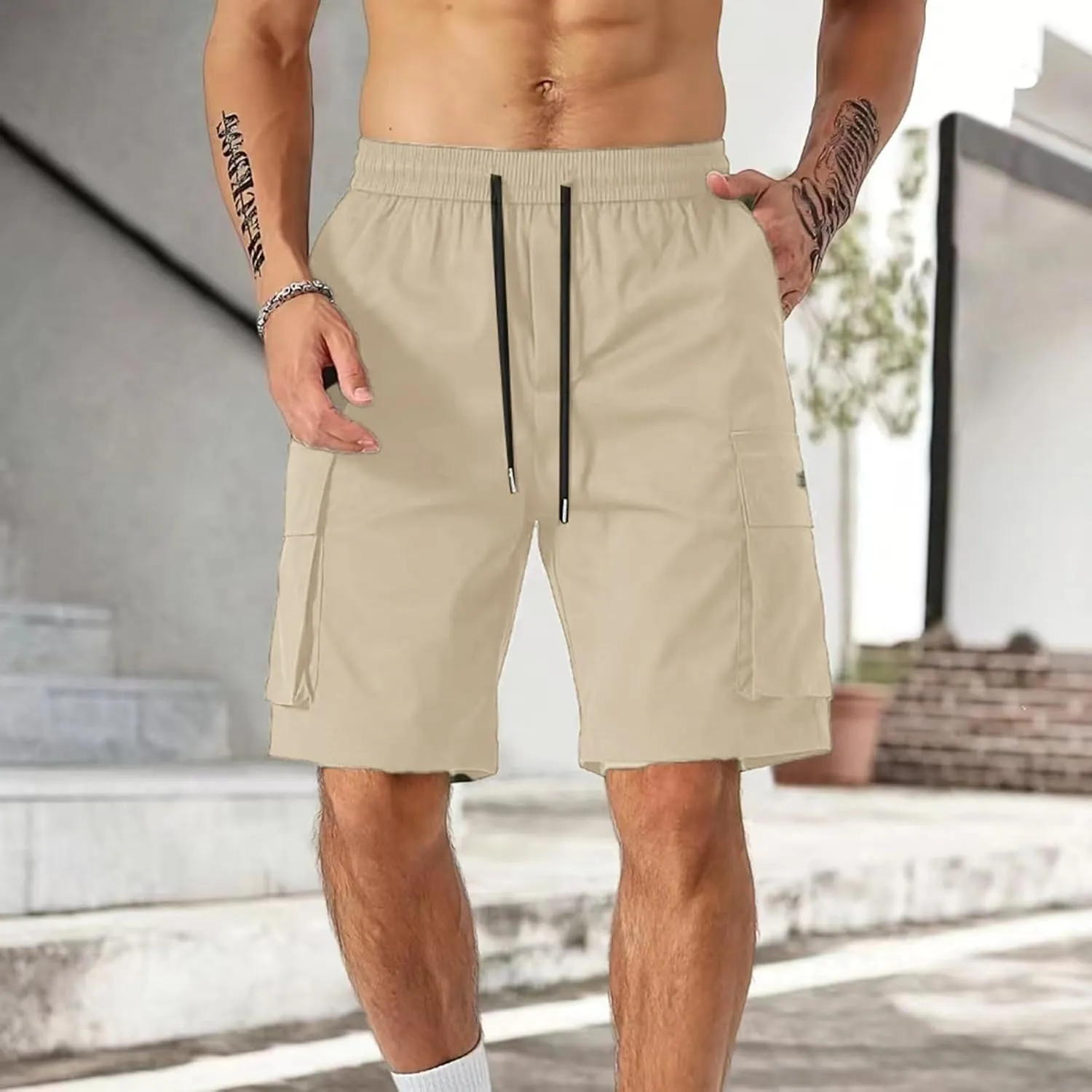 Cargo Shorts for Men Stretch Drawstring Baggy Work Pants Summer Multi Pockets Classic Outdoor Relaxed Hiking Shorts