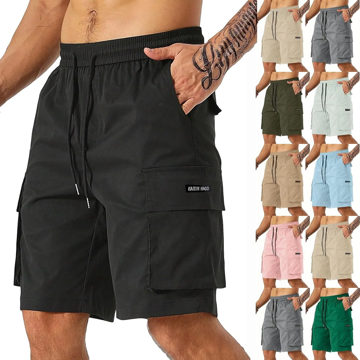 Cargo Shorts for Men Stretch Drawstring Baggy Work Pants Summer Multi Pockets Classic Outdoor Relaxed Hiking Shorts