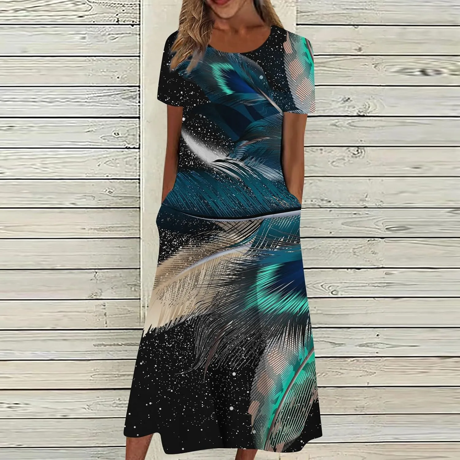 Casual Dresses for Women 2024 Summer Trendy Short Sleeve Ruffle Long T Shirt Dress Boho Leaves Print Loose Maxi Sundress