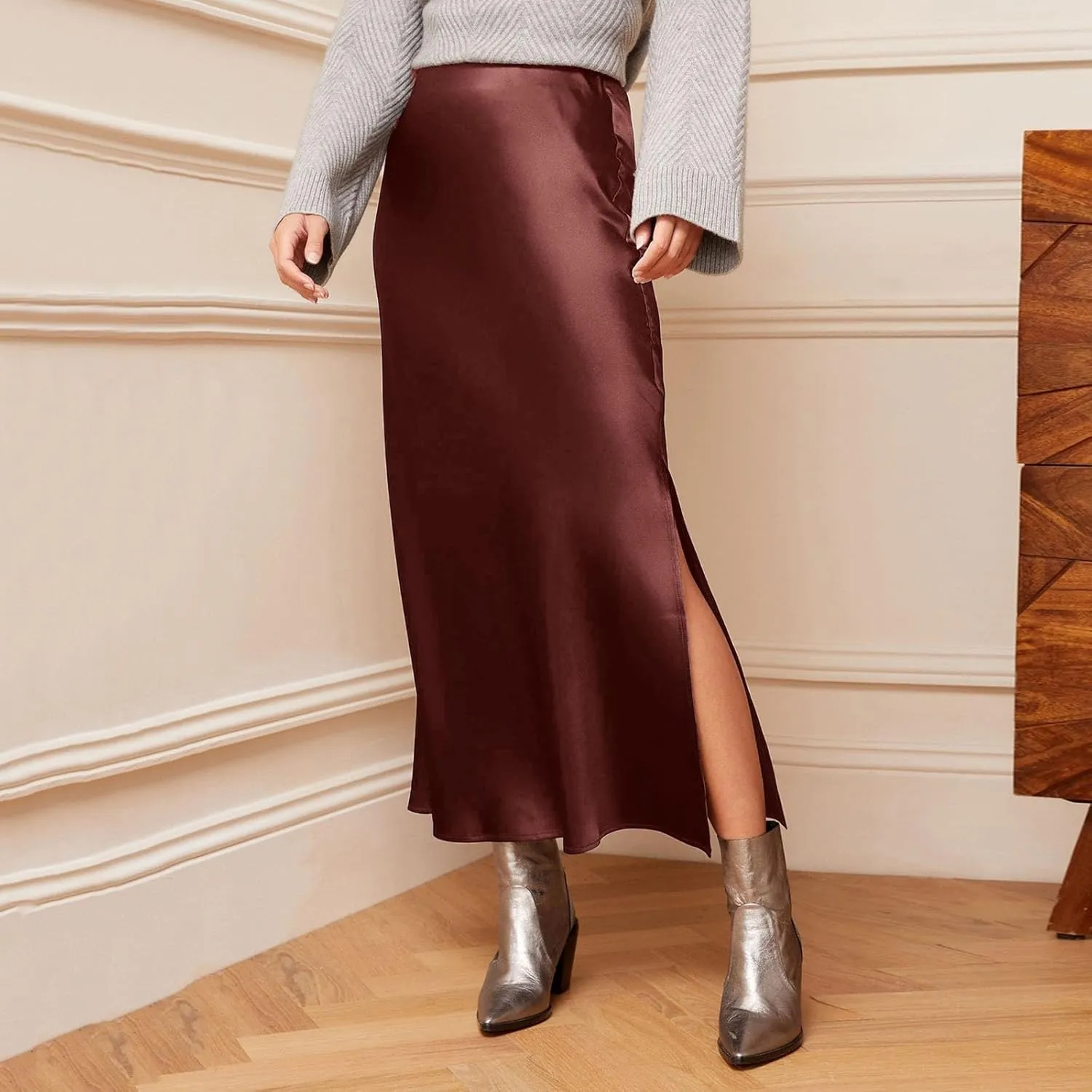 Casual Skirts for Women Womens High Waist Skirt Solid Satin Dress Elastic Waist Elegant Skirt Sweater