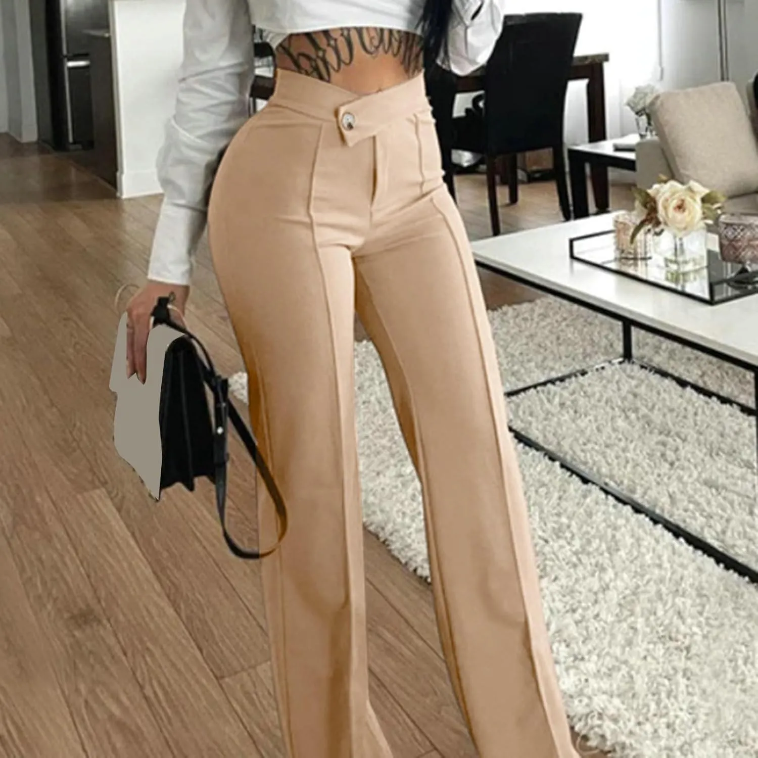 Casual Women Pants Women's Solid Color Wide-Leg High Waist Loose Fit Soft Breathable Trousers for Business