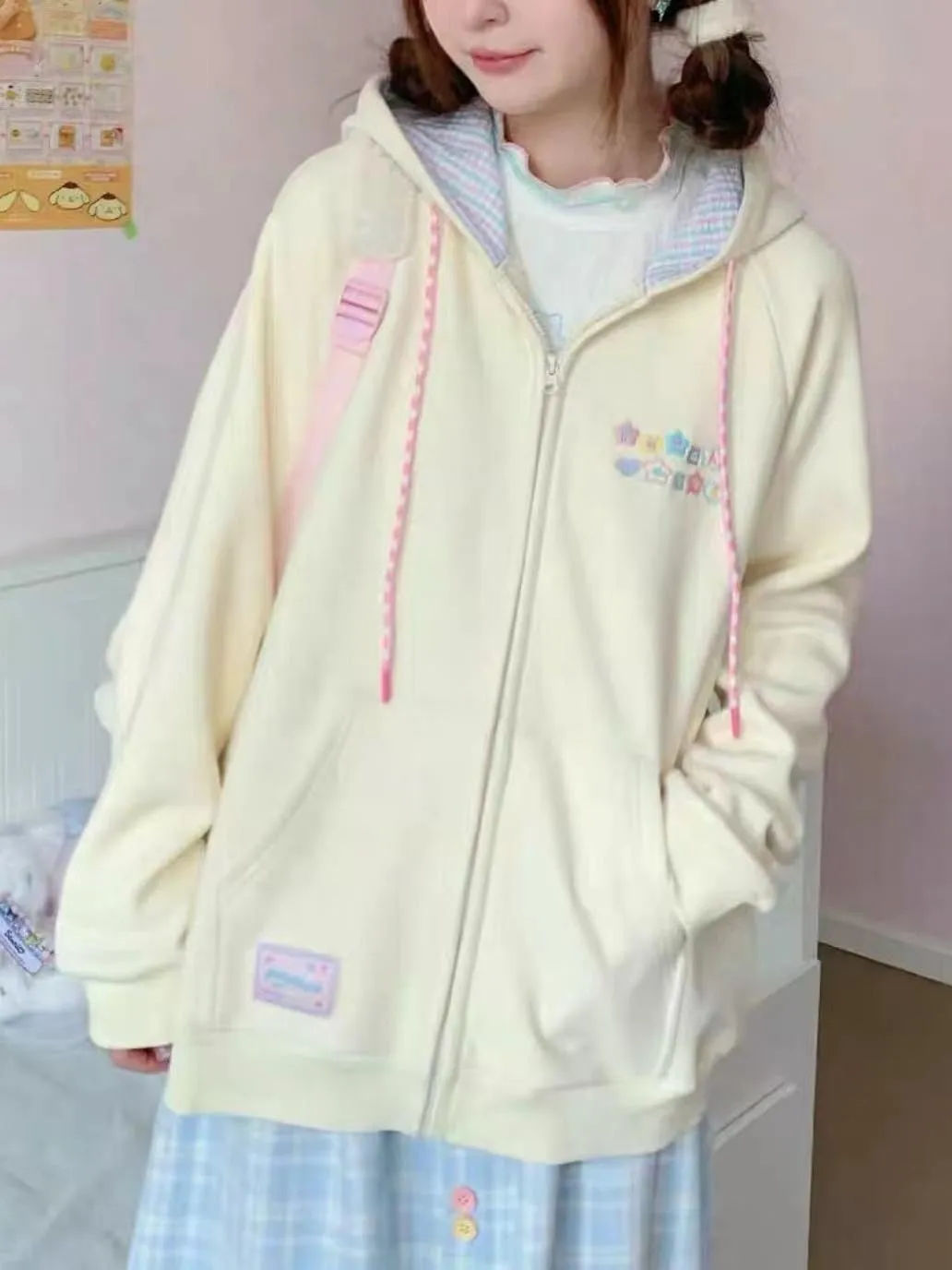 CEINOM Women Kawaii Zip Up Hoodie Y2K Girly Cute Hooded Jacket Oversize Japanese Harajuku Sweet Embroidery Outerwear Hoodies