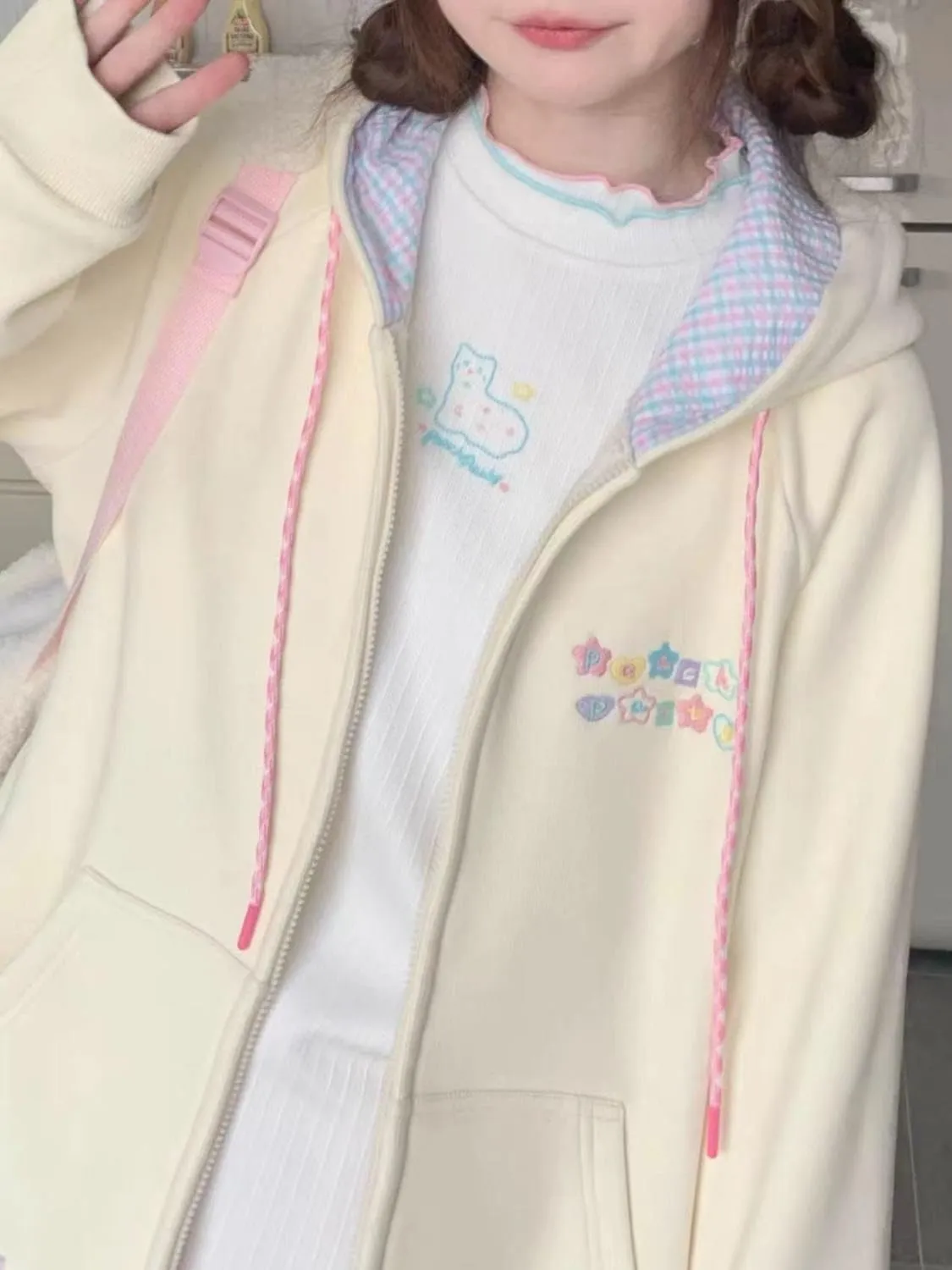 CEINOM Women Kawaii Zip Up Hoodie Y2K Girly Cute Hooded Jacket Oversize Japanese Harajuku Sweet Embroidery Outerwear Hoodies