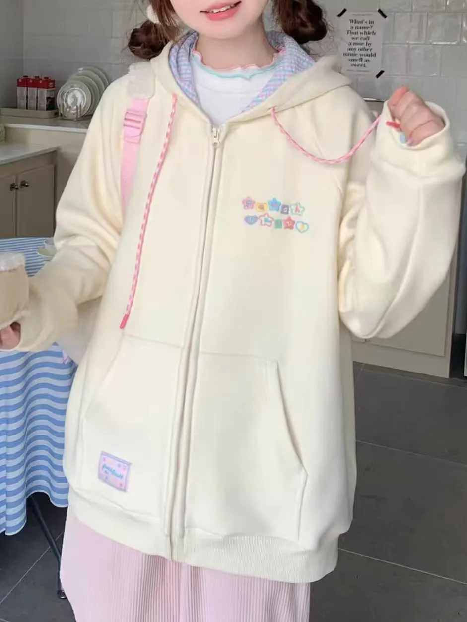 CEINOM Women Kawaii Zip Up Hoodie Y2K Girly Cute Hooded Jacket Oversize Japanese Harajuku Sweet Embroidery Outerwear Hoodies