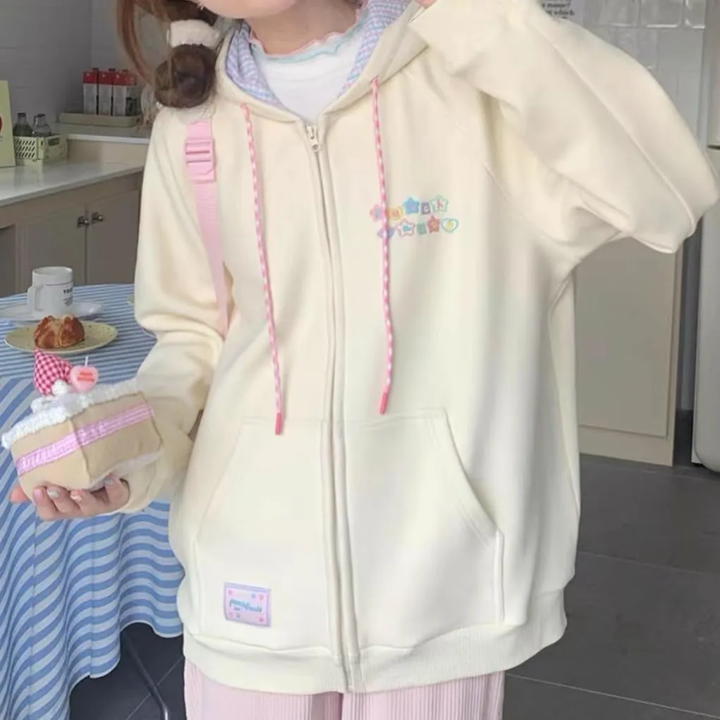 CEINOM Women Kawaii Zip Up Hoodie Y2K Girly Cute Hooded Jacket Oversize Japanese Harajuku Sweet Embroidery Outerwear Hoodies