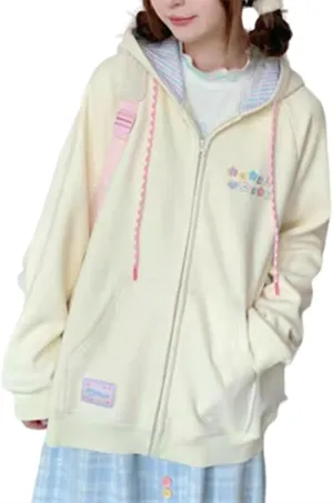 CEINOM Women Kawaii Zip Up Hoodie Y2K Girly Cute Hooded Jacket Oversize Japanese Harajuku Sweet Embroidery Outerwear Hoodies
