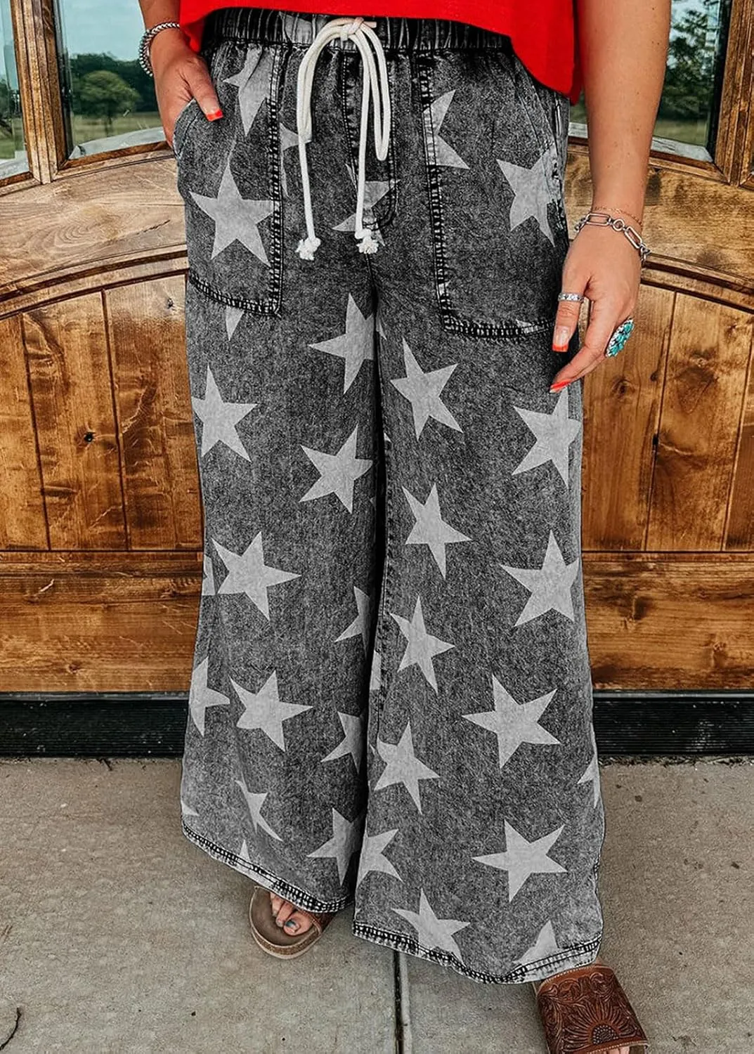 CHARTOU Women Baggy Wide Leg Drawstring Jeans Flare Elastic High Waist Star Printed Jeans Loose Denim Pants