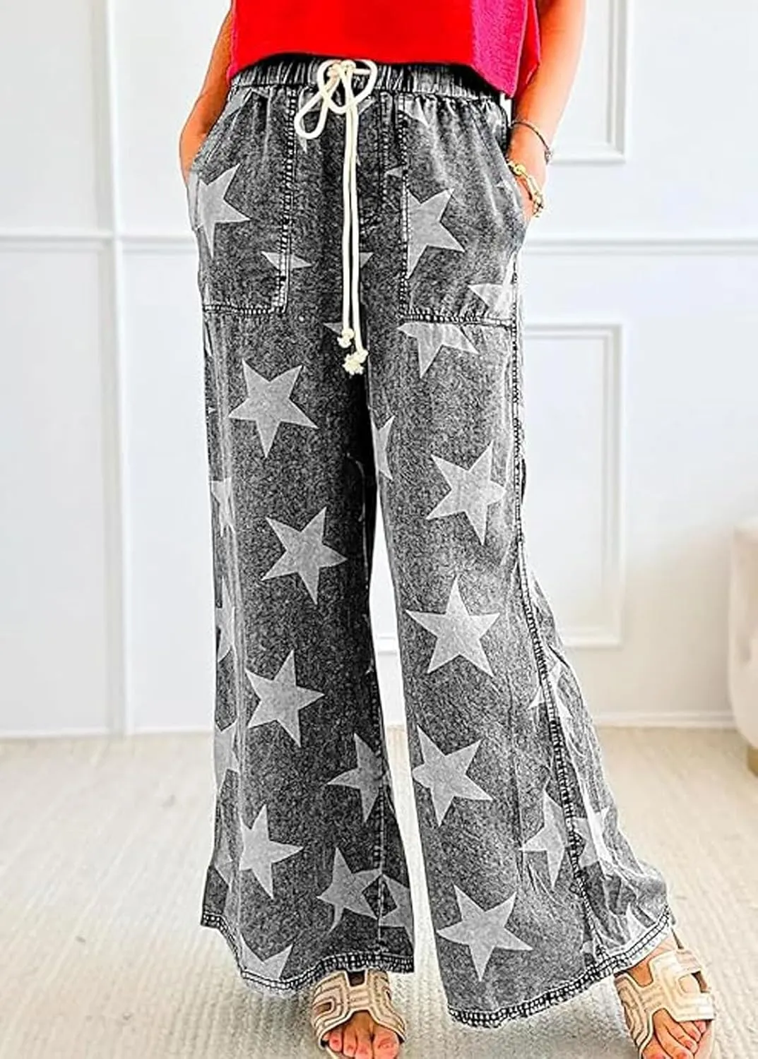 CHARTOU Women Baggy Wide Leg Drawstring Jeans Flare Elastic High Waist Star Printed Jeans Loose Denim Pants