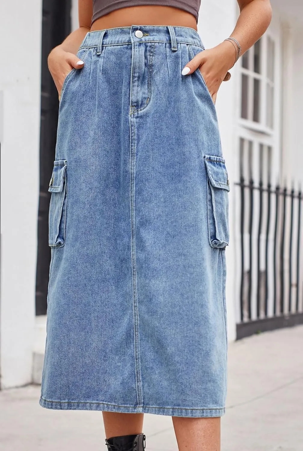 CHARTOU Women Casual High Waisted Denim Skirt Midi Jean Skirt Elastic Back A Line Skirt with Pockets