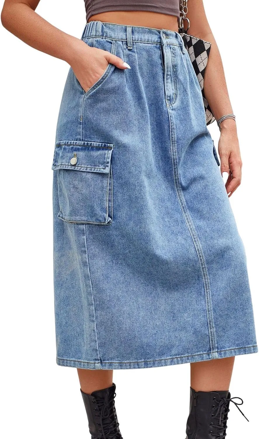 CHARTOU Women Casual High Waisted Denim Skirt Midi Jean Skirt Elastic Back A Line Skirt with Pockets