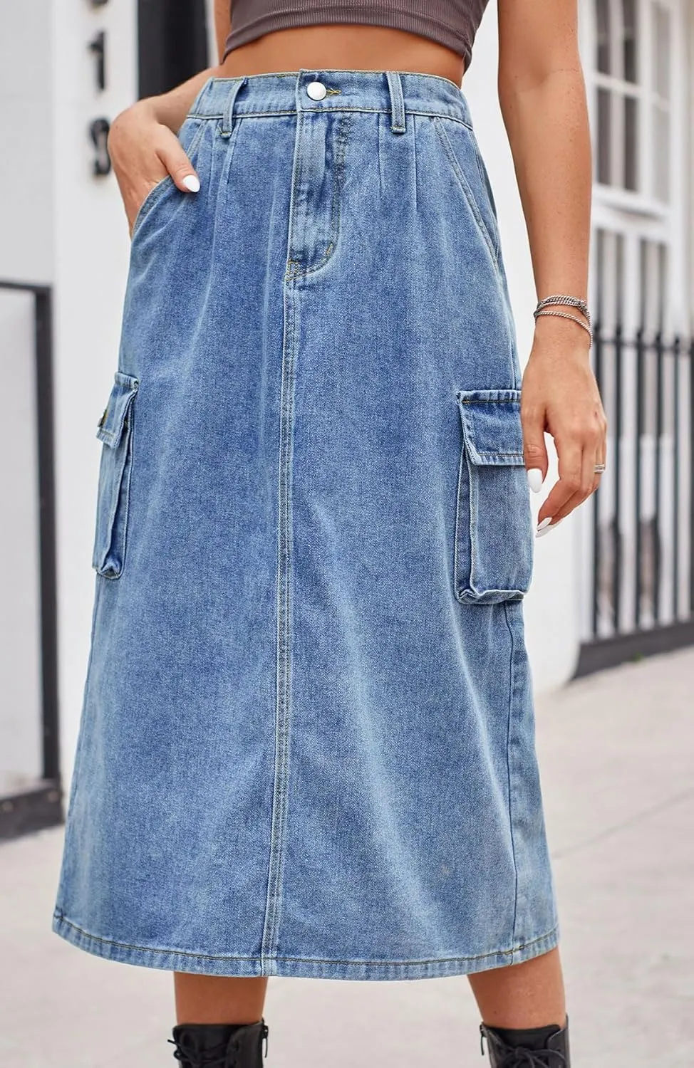 CHARTOU Women Casual High Waisted Denim Skirt Midi Jean Skirt Elastic Back A Line Skirt with Pockets