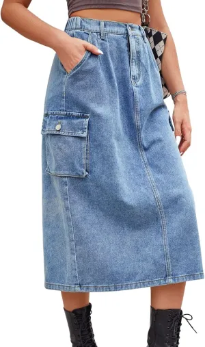 CHARTOU Women Casual High Waisted Denim Skirt Midi Jean Skirt Elastic Back A Line Skirt with Pockets
