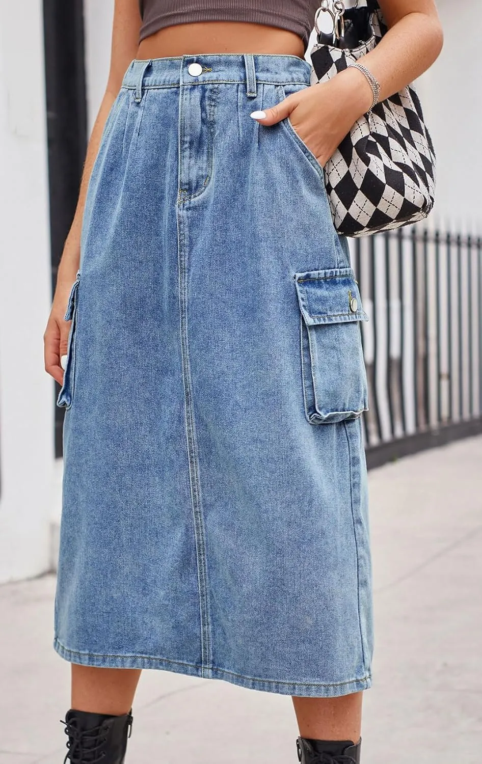 CHARTOU Women Casual High Waisted Denim Skirt Midi Jean Skirt Elastic Back A Line Skirt with Pockets
