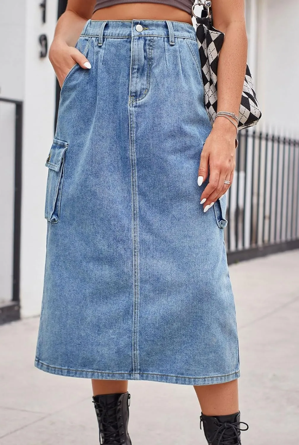 CHARTOU Women Casual High Waisted Denim Skirt Midi Jean Skirt Elastic Back A Line Skirt with Pockets
