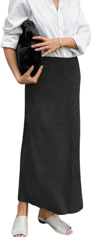 CHARTOU Women Fall Winter Elegant Faux Suede Leather Regular Fit Pencil Maxi Long Skirt