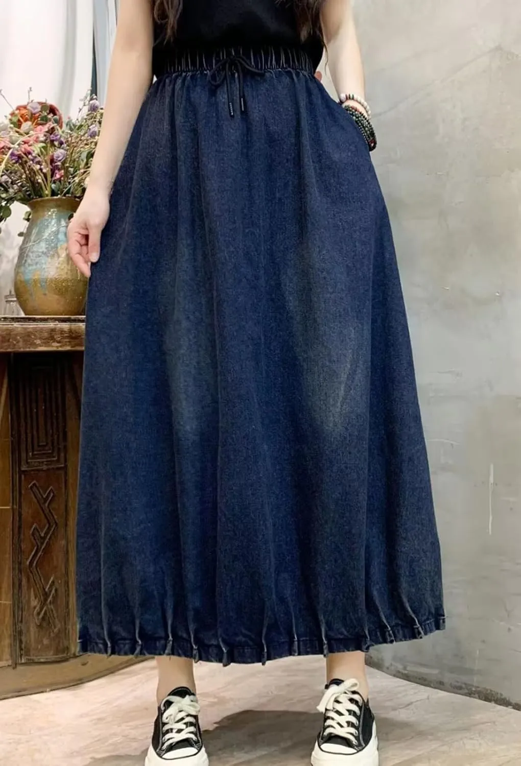 CHARTOU Women Maxi Denim Skirt Long Jean Skirt Pleated Elastic Waist A Line Skirt Casual Western Skirt Pockets