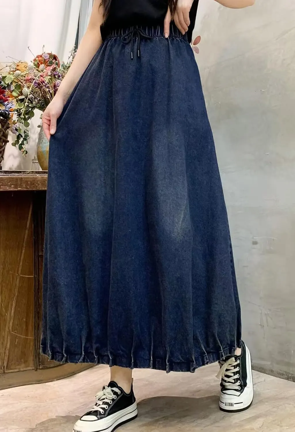 CHARTOU Women Maxi Denim Skirt Long Jean Skirt Pleated Elastic Waist A Line Skirt Casual Western Skirt Pockets