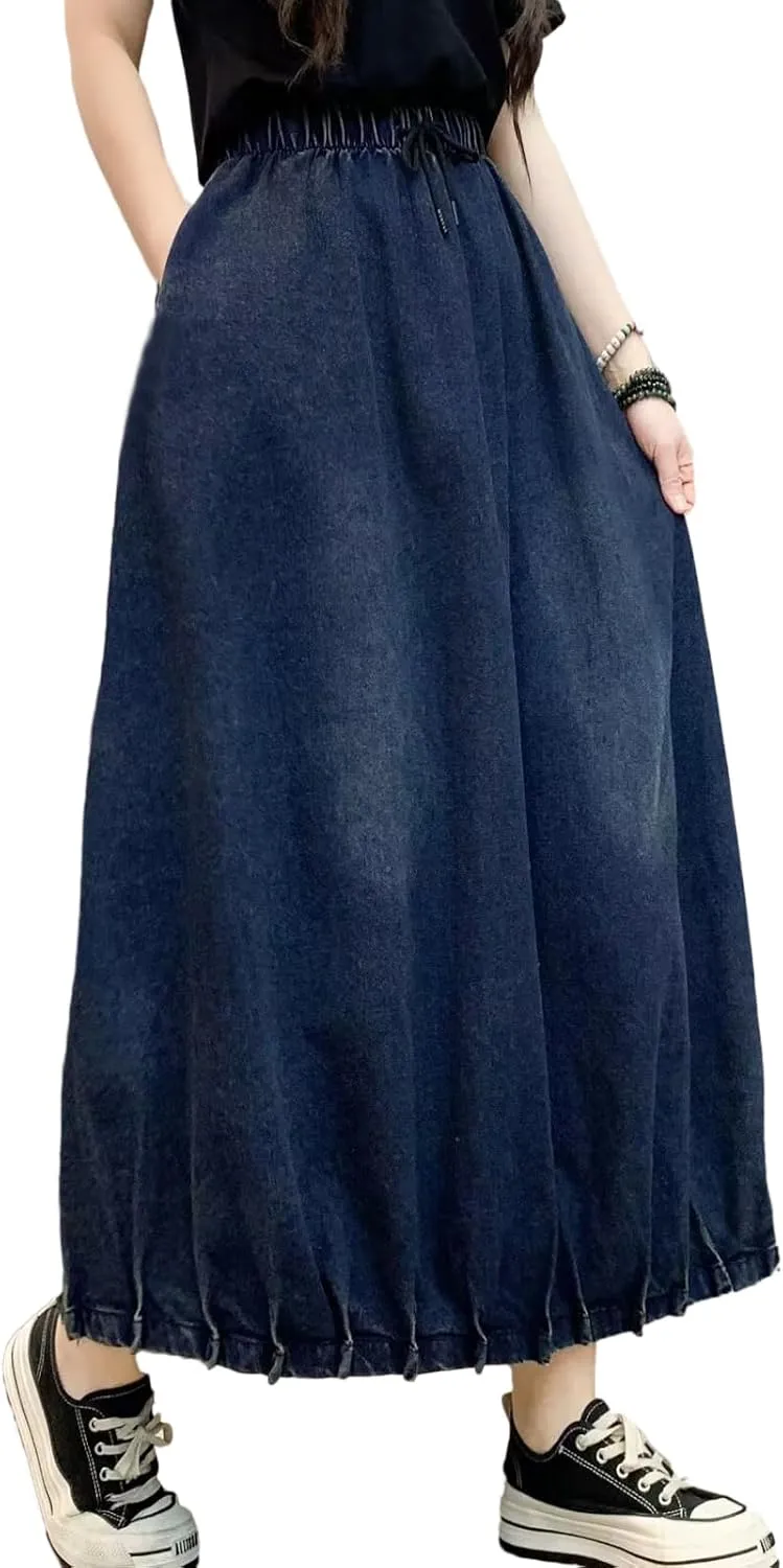 CHARTOU Women Maxi Denim Skirt Long Jean Skirt Pleated Elastic Waist A Line Skirt Casual Western Skirt Pockets