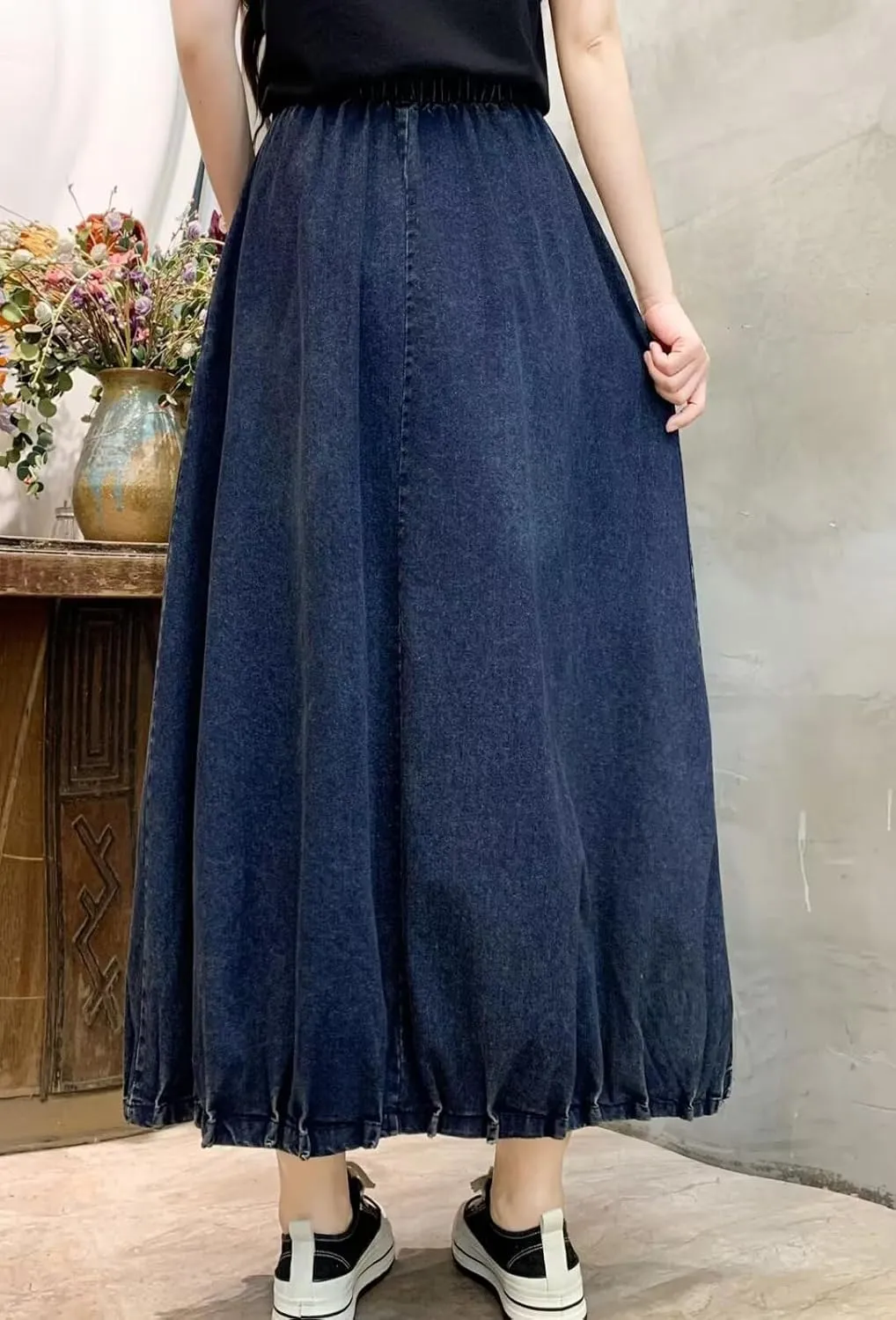 CHARTOU Women Maxi Denim Skirt Long Jean Skirt Pleated Elastic Waist A Line Skirt Casual Western Skirt Pockets