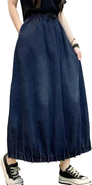 CHARTOU Women Maxi Denim Skirt Long Jean Skirt Pleated Elastic Waist A Line Skirt Casual Western Skirt Pockets