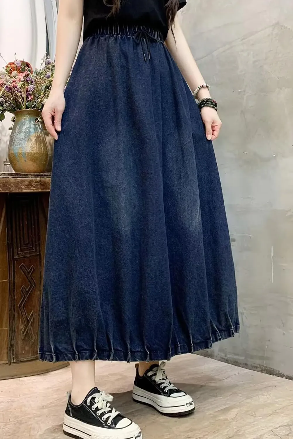CHARTOU Women Maxi Denim Skirt Long Jean Skirt Pleated Elastic Waist A Line Skirt Casual Western Skirt Pockets