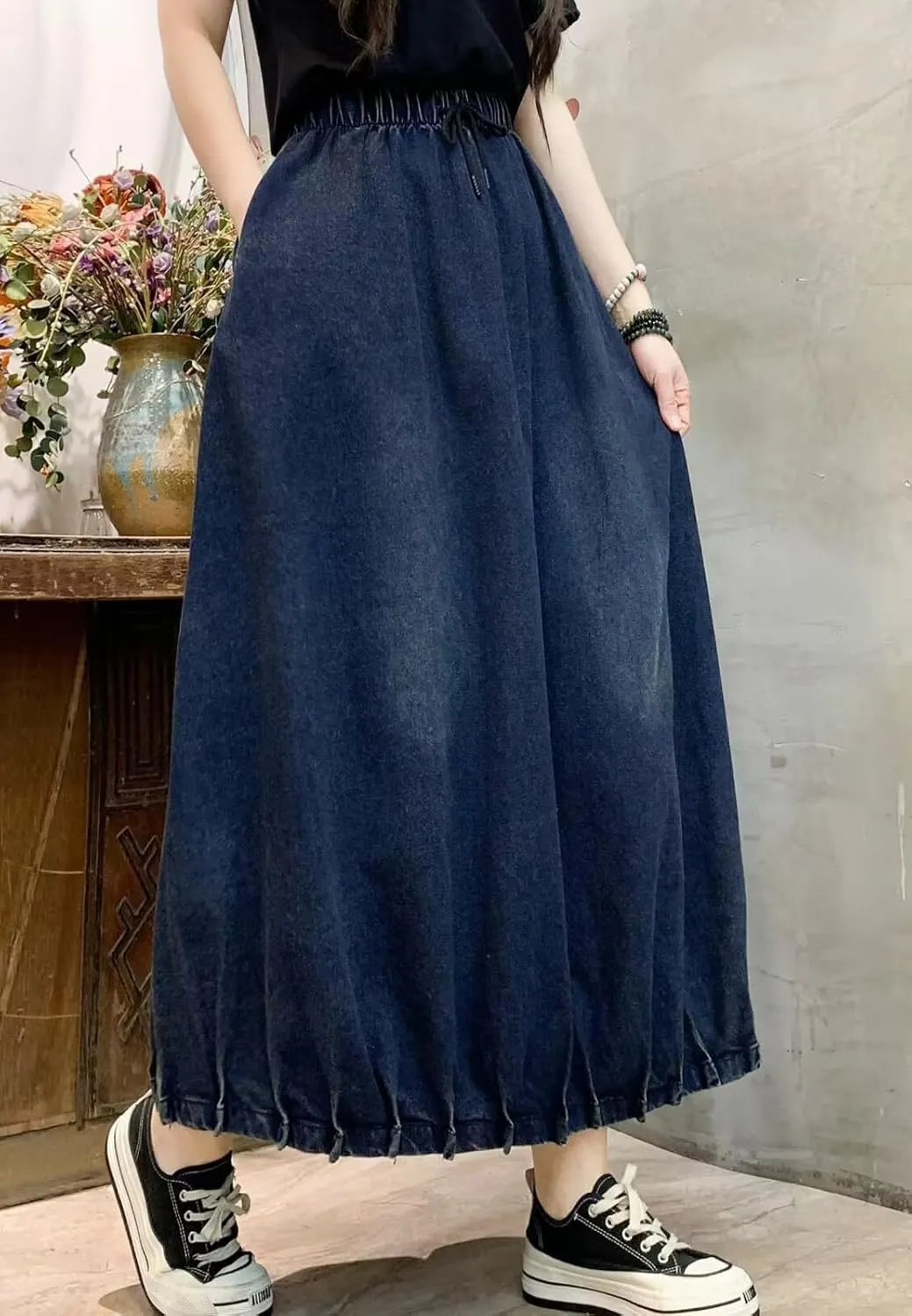 CHARTOU Women Maxi Denim Skirt Long Jean Skirt Pleated Elastic Waist A Line Skirt Casual Western Skirt Pockets