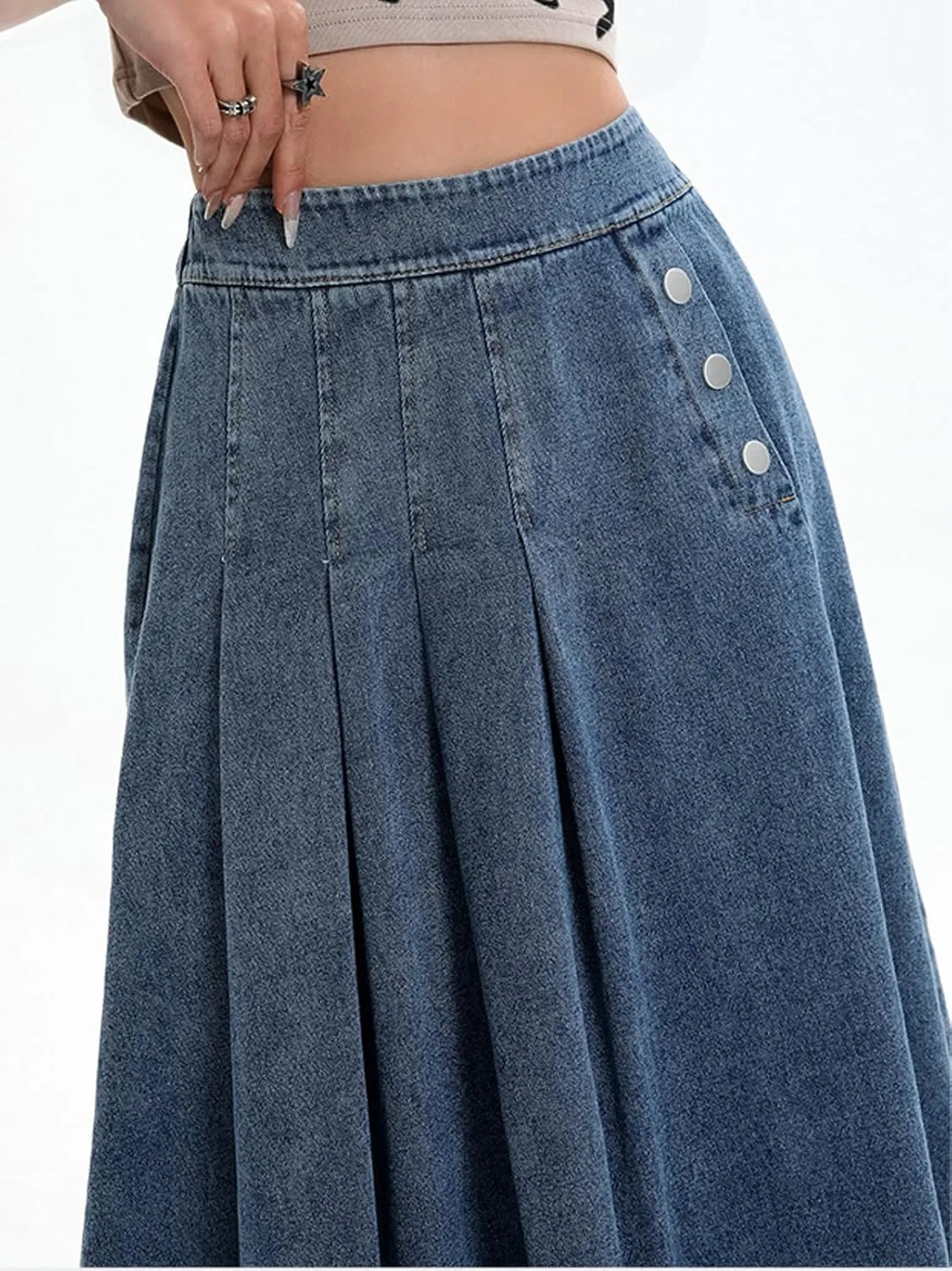 CHARTOU Women Pleated Denim Skirt Long Jean Skirt Flowy Elastic Waist Denim Maxi Ruffle Skirt Flare A Line Skirt