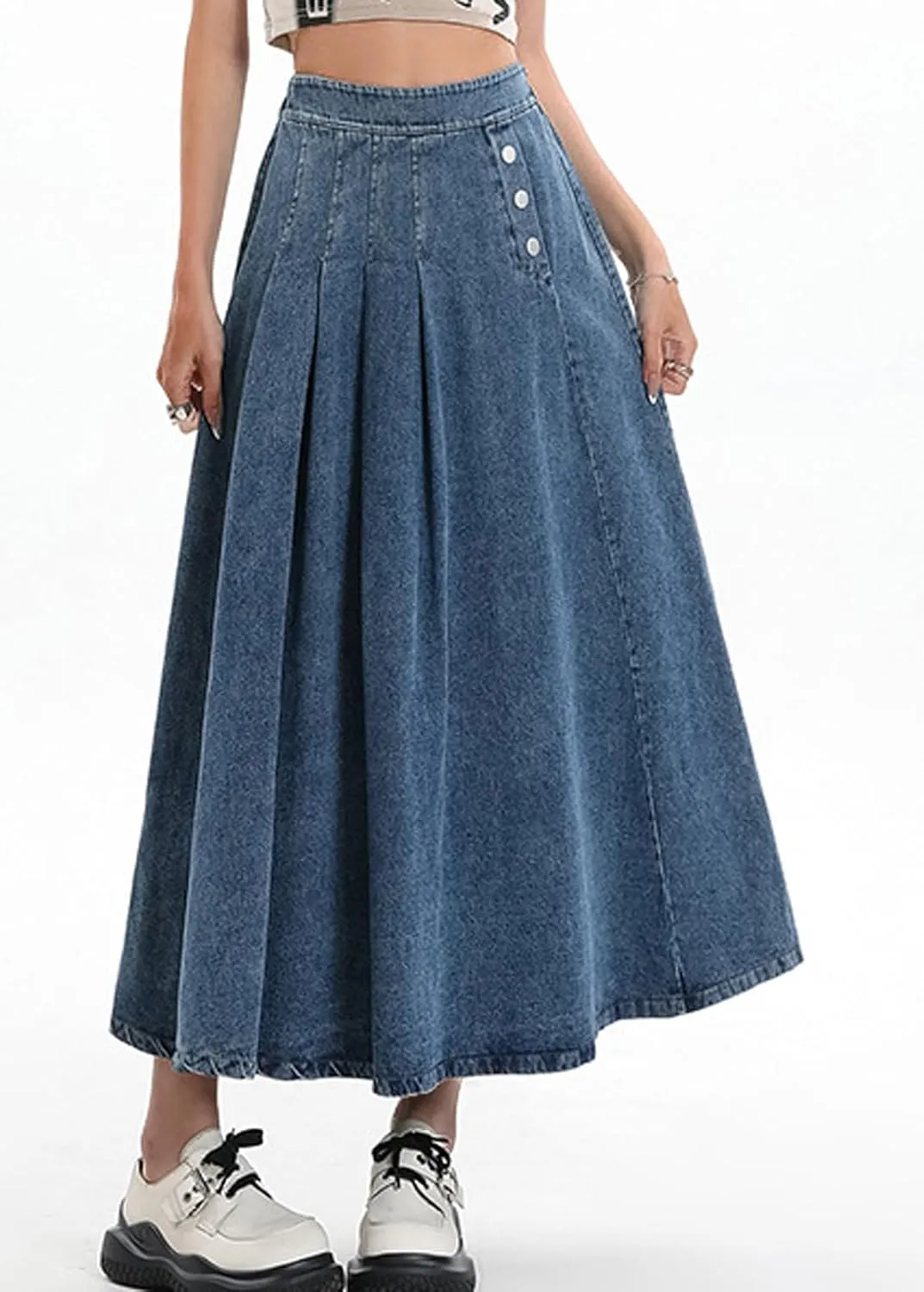 CHARTOU Women Pleated Denim Skirt Long Jean Skirt Flowy Elastic Waist Denim Maxi Ruffle Skirt Flare A Line Skirt
