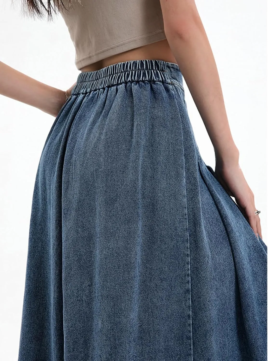 CHARTOU Women Pleated Denim Skirt Long Jean Skirt Flowy Elastic Waist Denim Maxi Ruffle Skirt Flare A Line Skirt