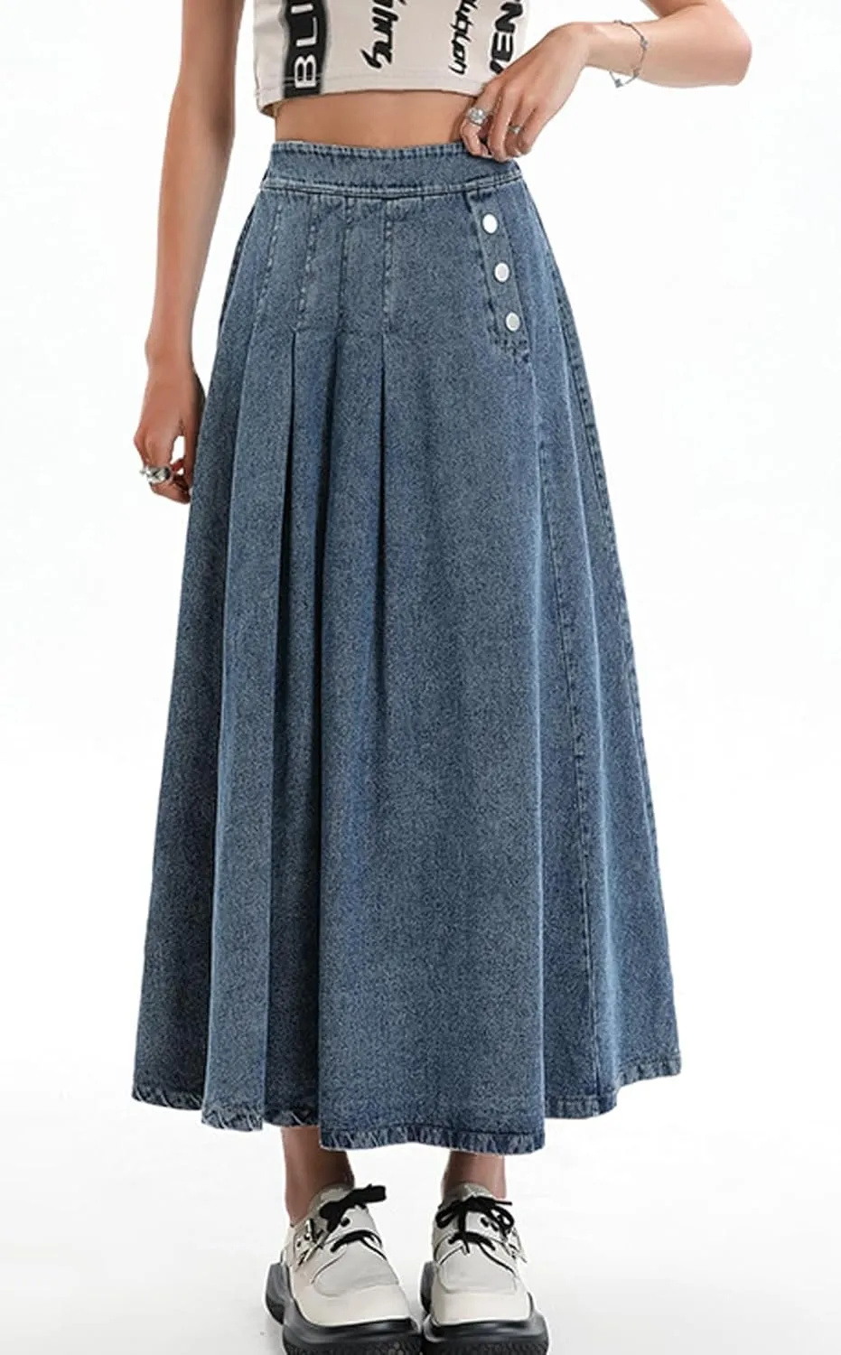CHARTOU Women Pleated Denim Skirt Long Jean Skirt Flowy Elastic Waist Denim Maxi Ruffle Skirt Flare A Line Skirt