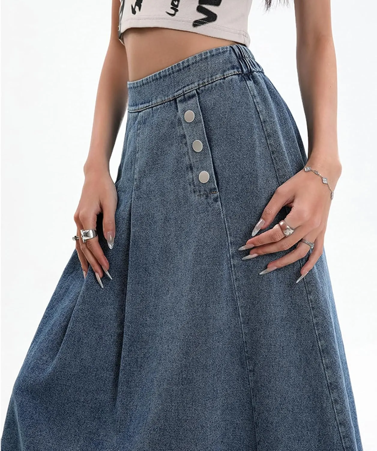 CHARTOU Women Pleated Denim Skirt Long Jean Skirt Flowy Elastic Waist Denim Maxi Ruffle Skirt Flare A Line Skirt