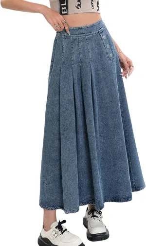 CHARTOU Women Pleated Denim Skirt Long Jean Skirt Flowy Elastic Waist Denim Maxi Ruffle Skirt Flare A Line Skirt