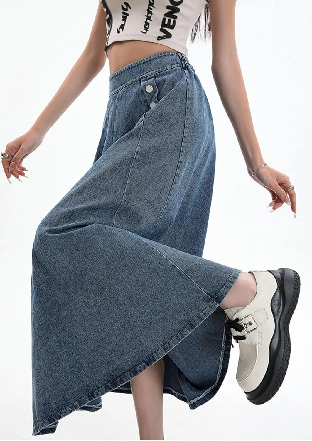 CHARTOU Women Pleated Denim Skirt Long Jean Skirt Flowy Elastic Waist Denim Maxi Ruffle Skirt Flare A Line Skirt