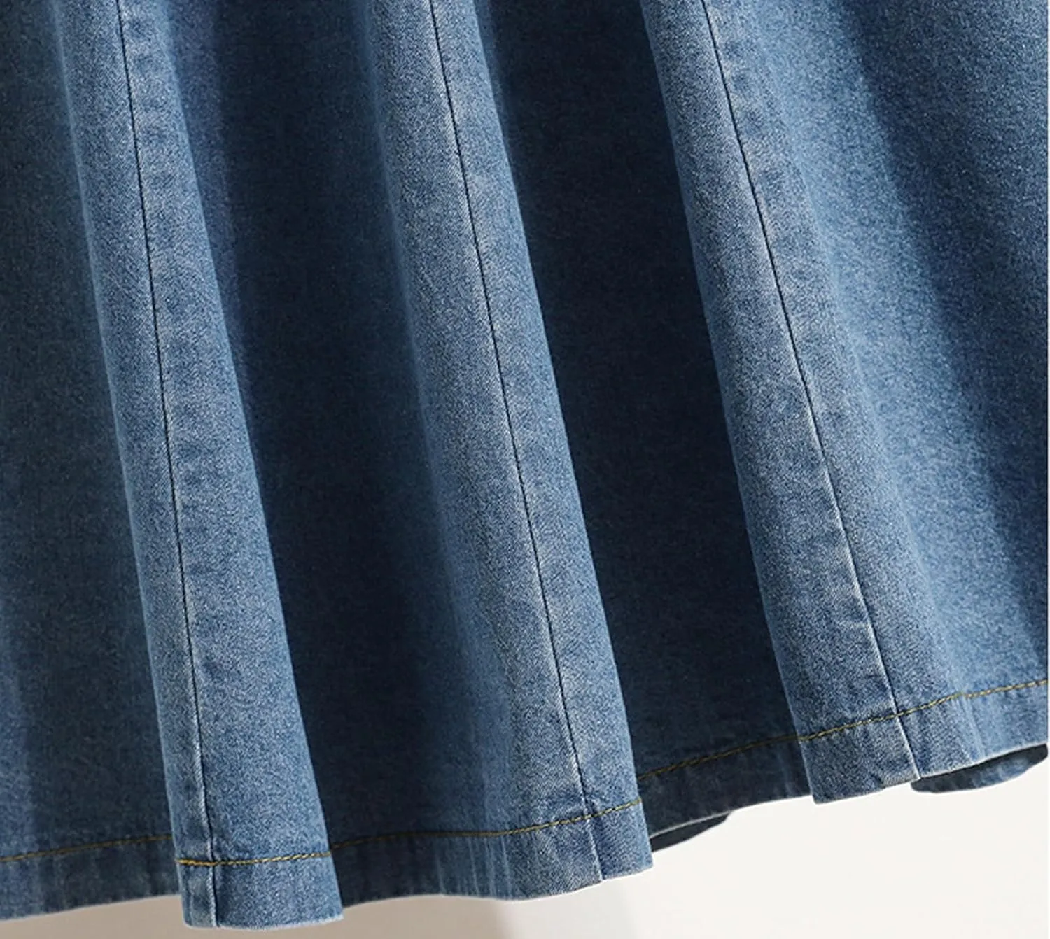 CHARTOU Women Pleated Jean Skirt Elastic High Waisted Midi Denim Skirt Flare A Line Skirt Ruffle Long Summer Skirt