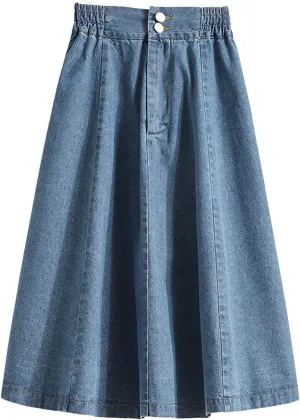 CHARTOU Women Pleated Jean Skirt Elastic High Waisted Midi Denim Skirt Flare A Line Skirt Ruffle Long Summer Skirt