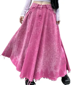 CHARTOU Women Summer Long Jean Skirt Y2k Low Waist Frayed Raw Cut Washed Denim Maxi Skirt