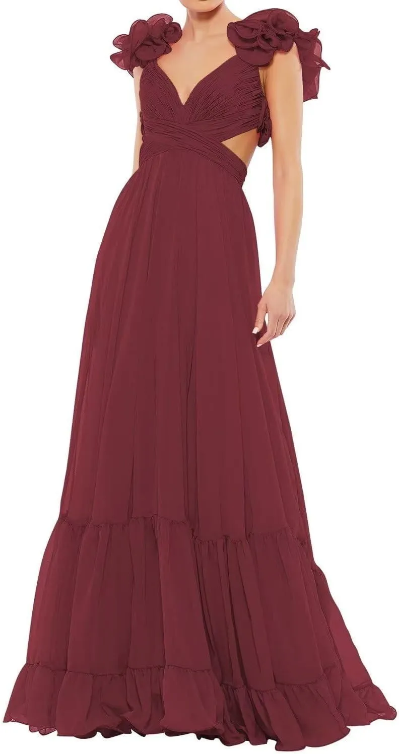Chiffon Prom Dress for Women A Line Ruffle Bridesmaid Dresses Tiered Backless Formal Evening Gowns BU049