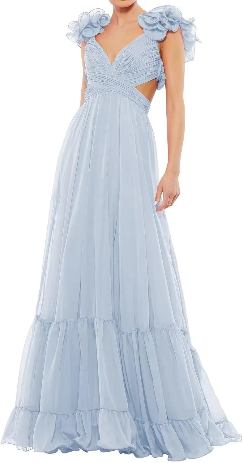 Chiffon Prom Dress for Women A Line Ruffle Bridesmaid Dresses Tiered Backless Formal Evening Gowns BU049