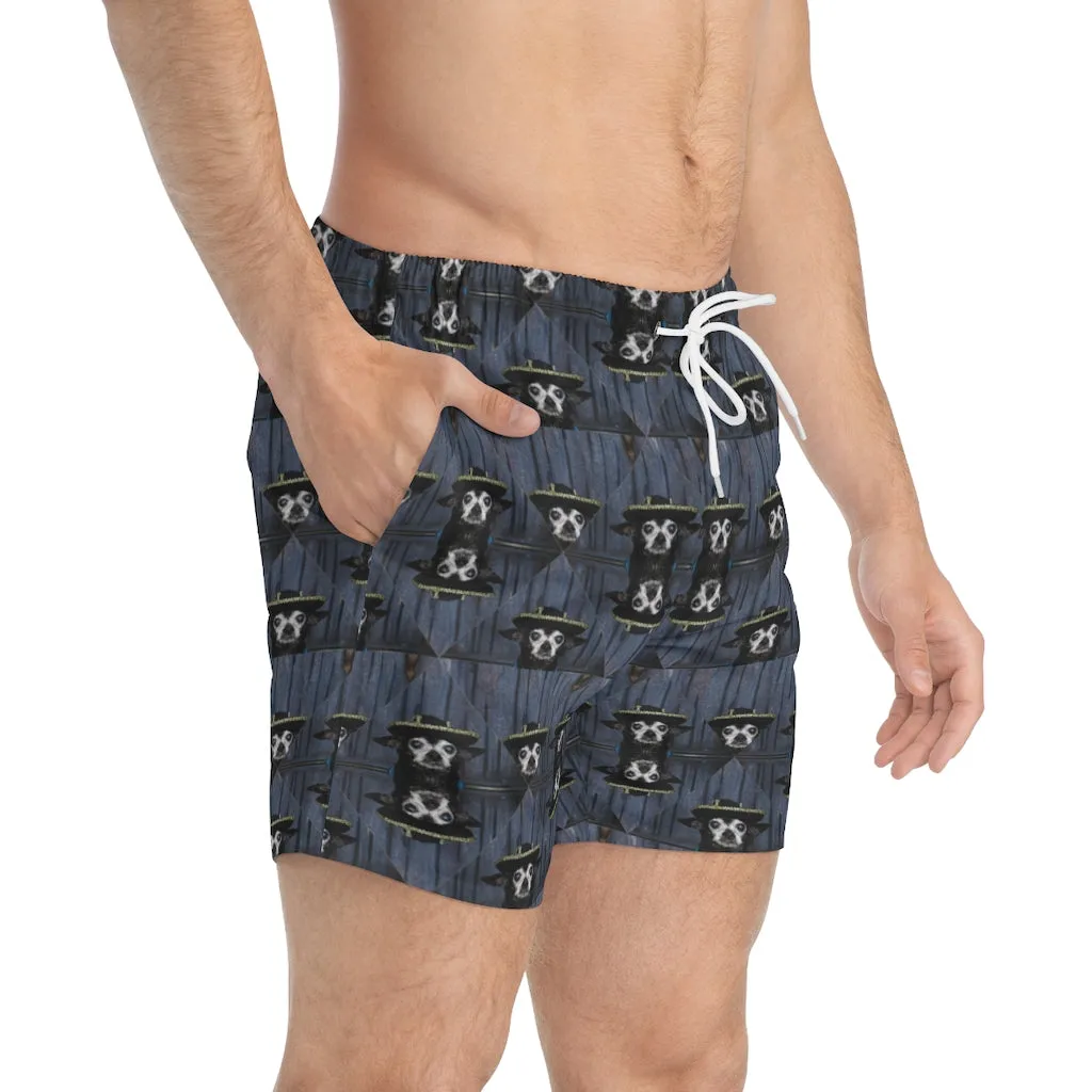 Chihuahua Dachshund Chiweenie with Sherpa and Black Hat Design Printed Men's Swim Trunks