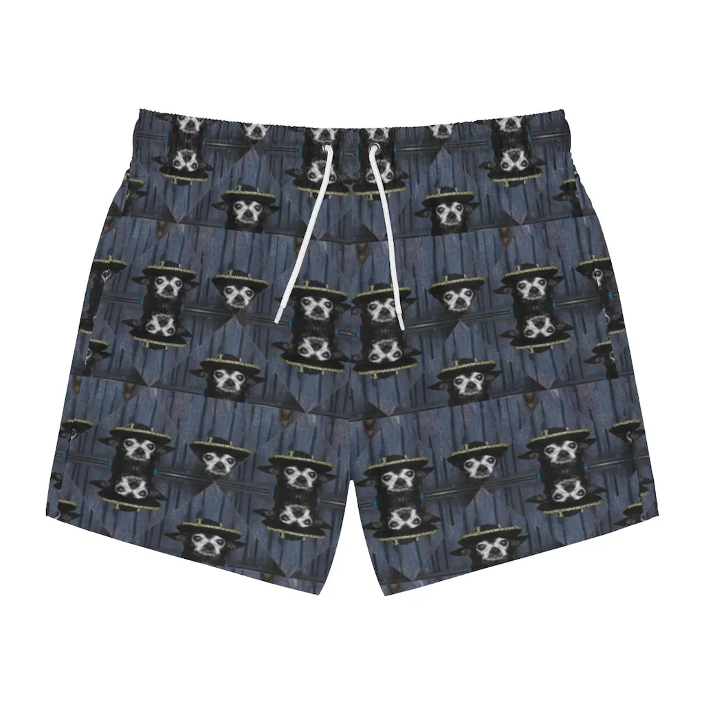 Chihuahua Dachshund Chiweenie with Sherpa and Black Hat Design Printed Men's Swim Trunks
